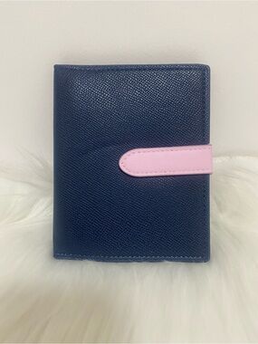 Navy Leather Passport Holder Organizer Card Case Wallet with Pink Strap